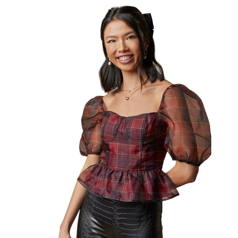 Francesca’s Andy Plaid Puff Sleeve Blouse Small